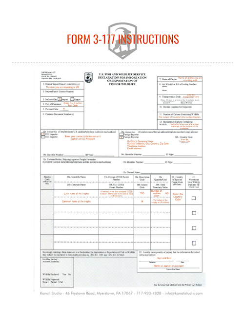 Bird Import - USFWS Form 3-177 SAMPLE, Kanati Waterfowl Taxidermy