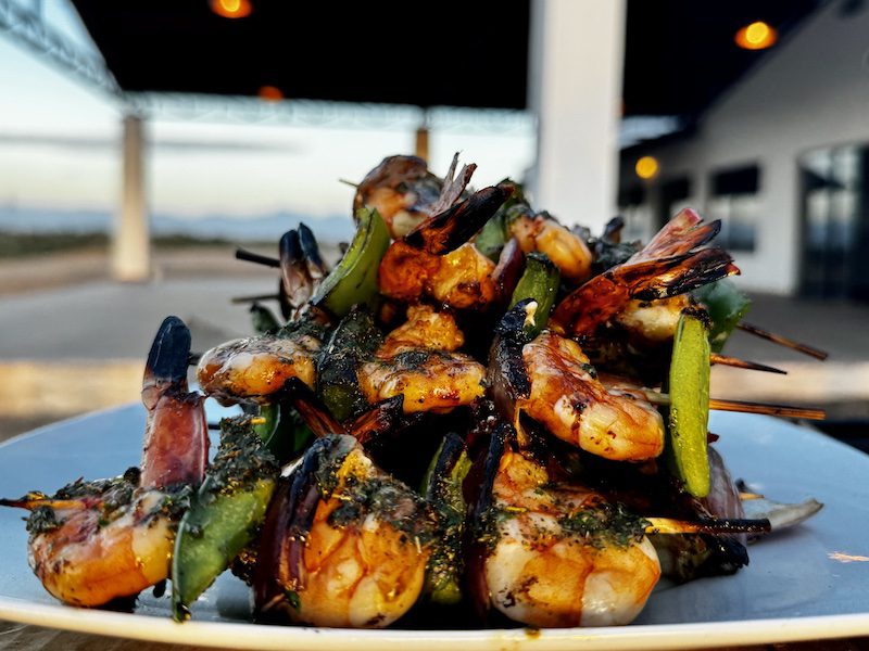 Nayarit Mexico duck hunting trip dinner, shrimp brochettes